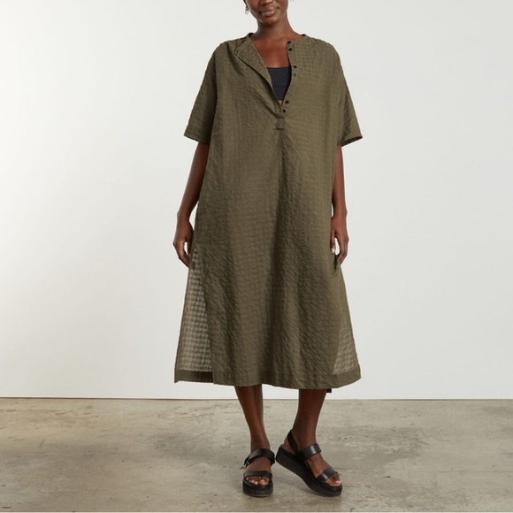 Everlane Olive Green Textured Button-Up Dress - Picture 1 of 7